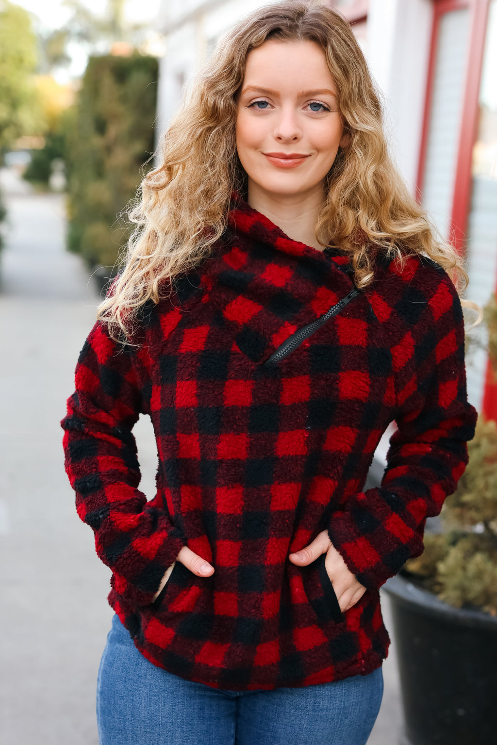 Cozy in Plaid Red Sherpa Sweater