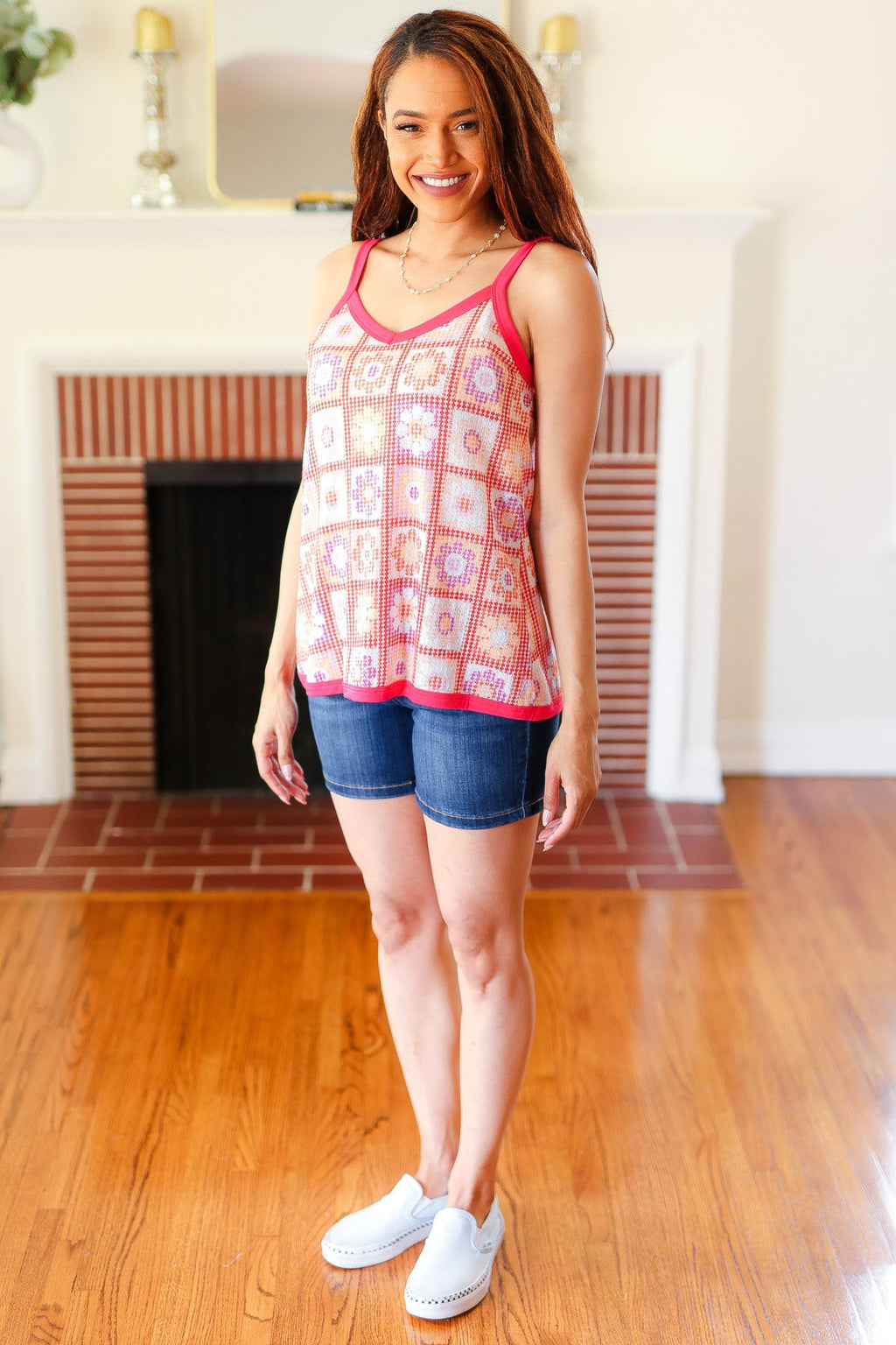 Coral Flower Power Waffle Knit Sleeveless Top