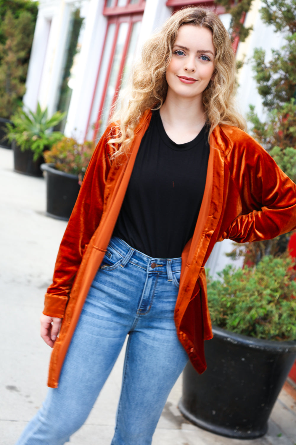 Dazzling Rust Velvet Button Down Tunic Top