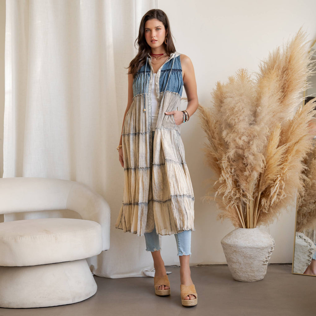 Boho Sleeveless Maxi Button-Front Duster With Hood NEW COLOR