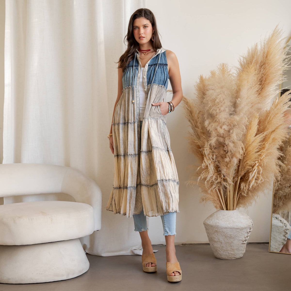 Boho Sleeveless Maxi Button-Front Duster With Hood NEW COLOR