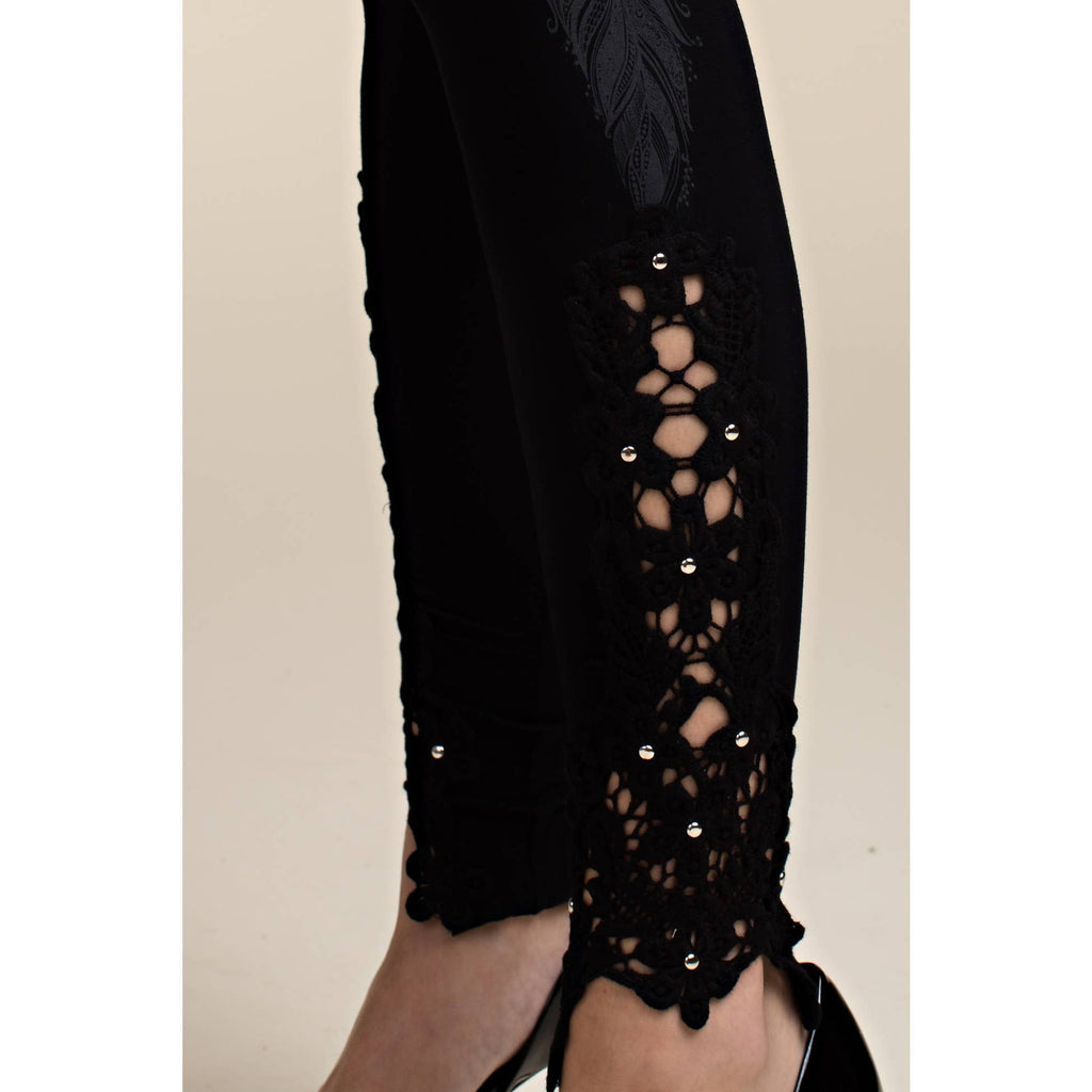 FEATHER PRINT LEGGINGS WITH STONE AND LACE