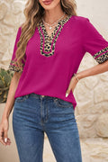 LDC Leopard Patchwork Trim Split Neck Short Sleeve Blouse