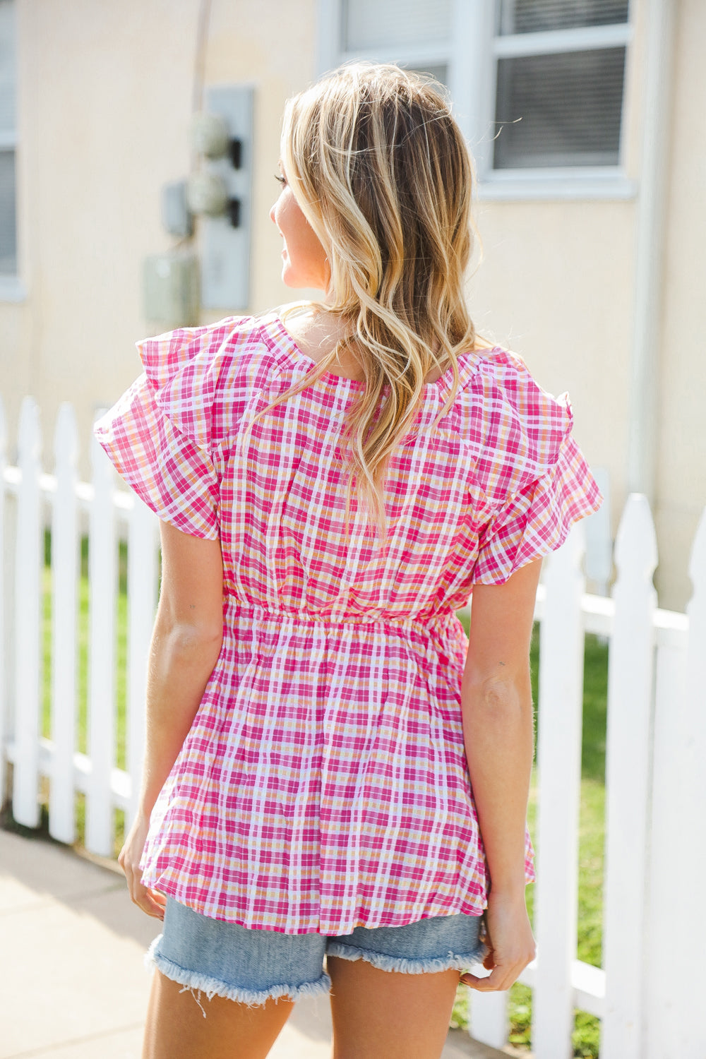 Hello Beautiful Fuchsia Plaid V Neck Ruffle Elastic Babydoll Top