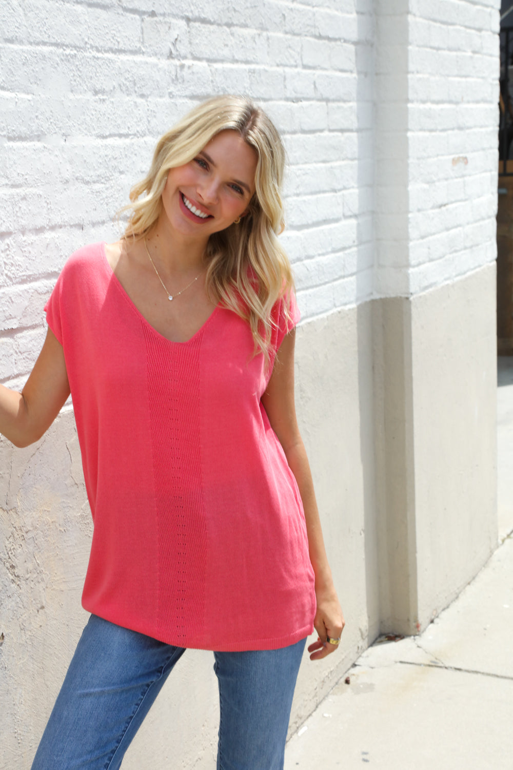 Summer Vibes Coral Relaxed Fit Jacquard Knitted Top
