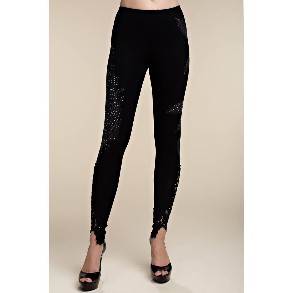 FEATHER PRINT LEGGINGS WITH STONE AND LACE