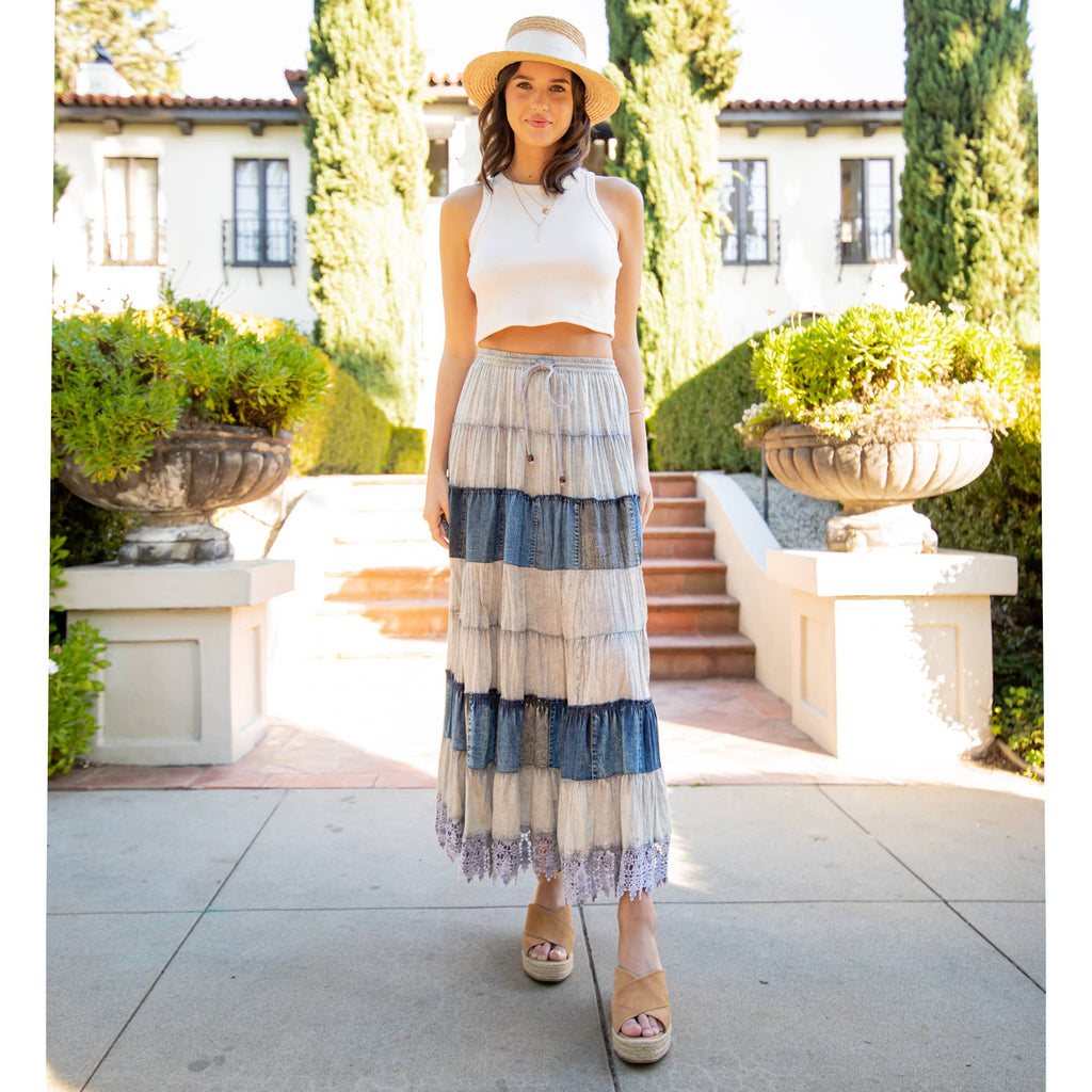 Women Long Tiered Western Skirt, Lined With Two Pockets