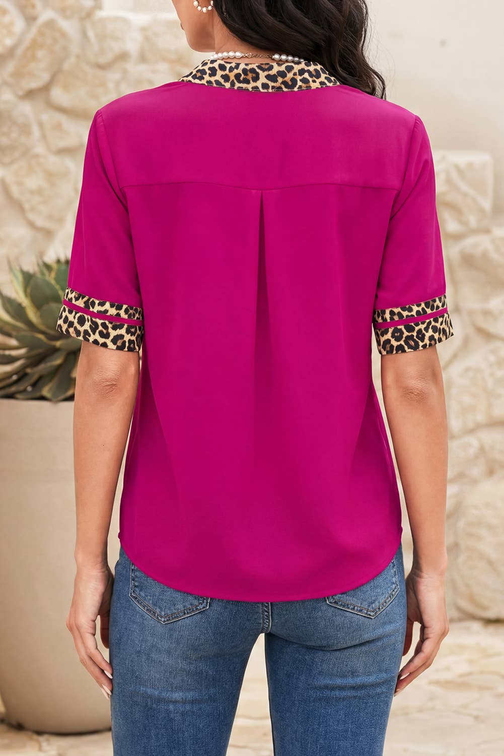 LDC Leopard Patchwork Trim Split Neck Short Sleeve Blouse