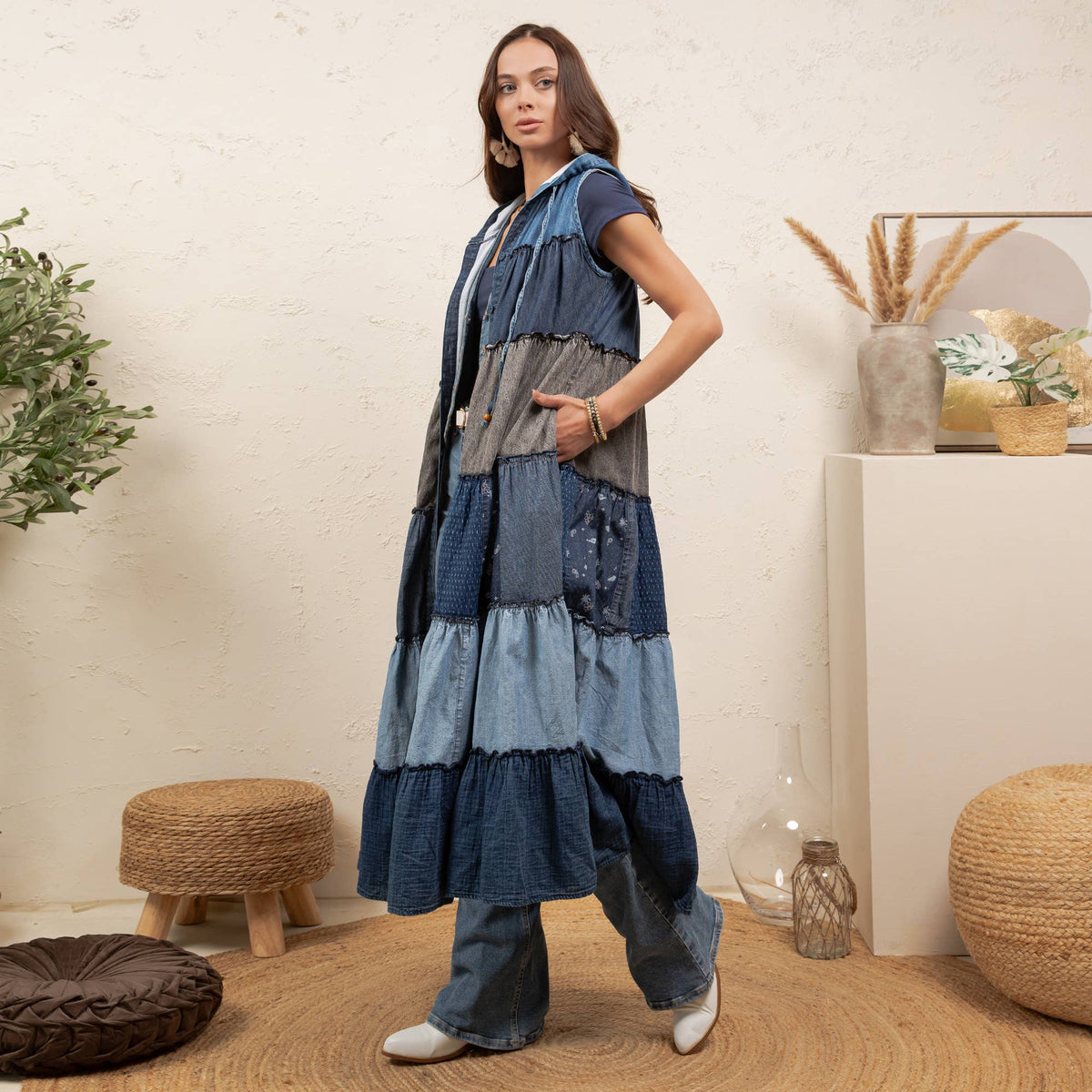 Boho Sleeveless Maxi Button-Front Duster With Hood NEW COLOR