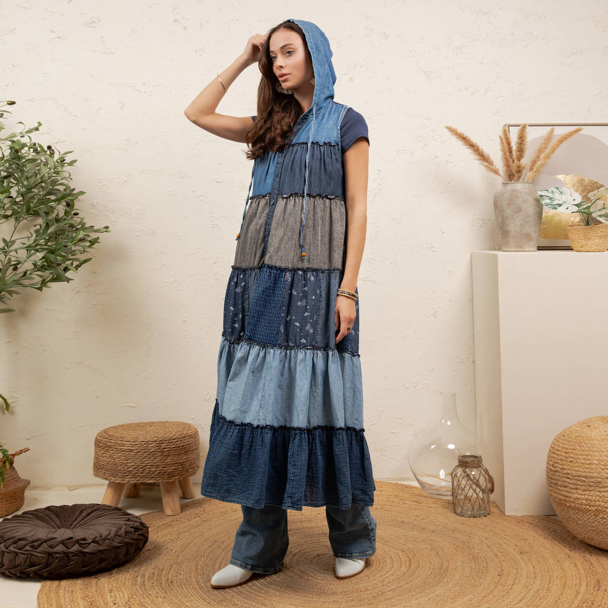 Boho Sleeveless Maxi Button-Front Duster With Hood NEW COLOR
