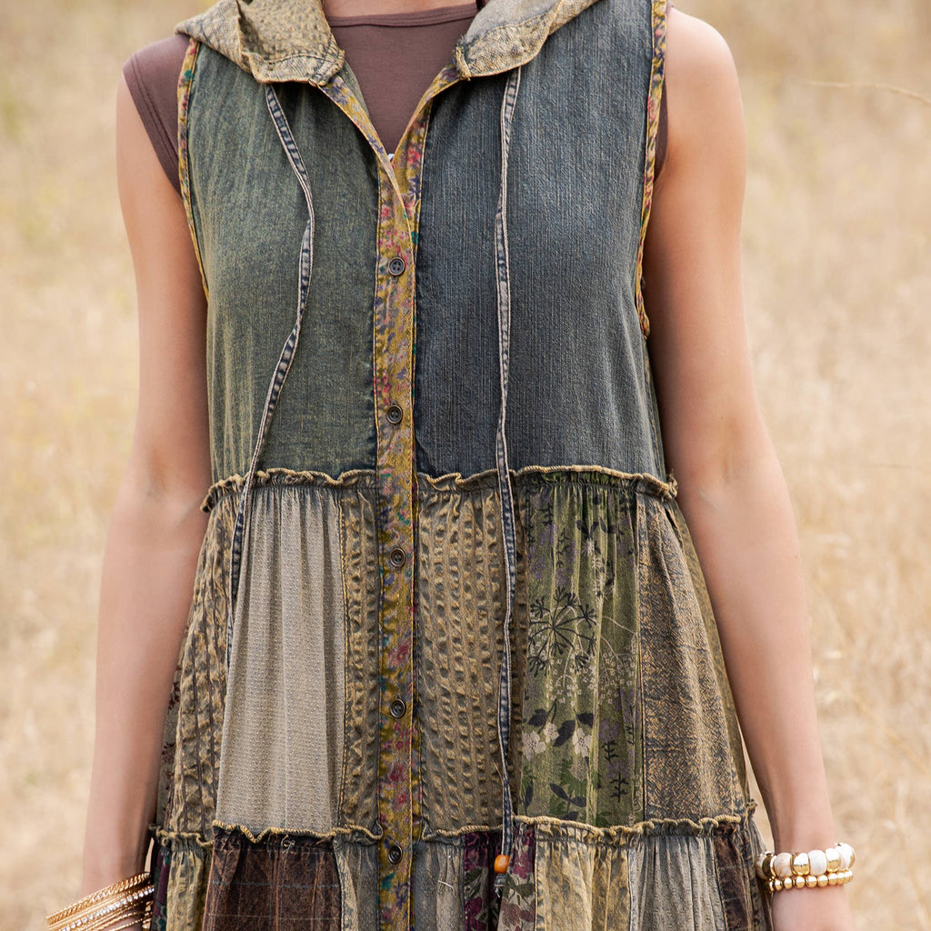 Boho Sleeveless Maxi Button-Front Duster With Hood NEW COLOR