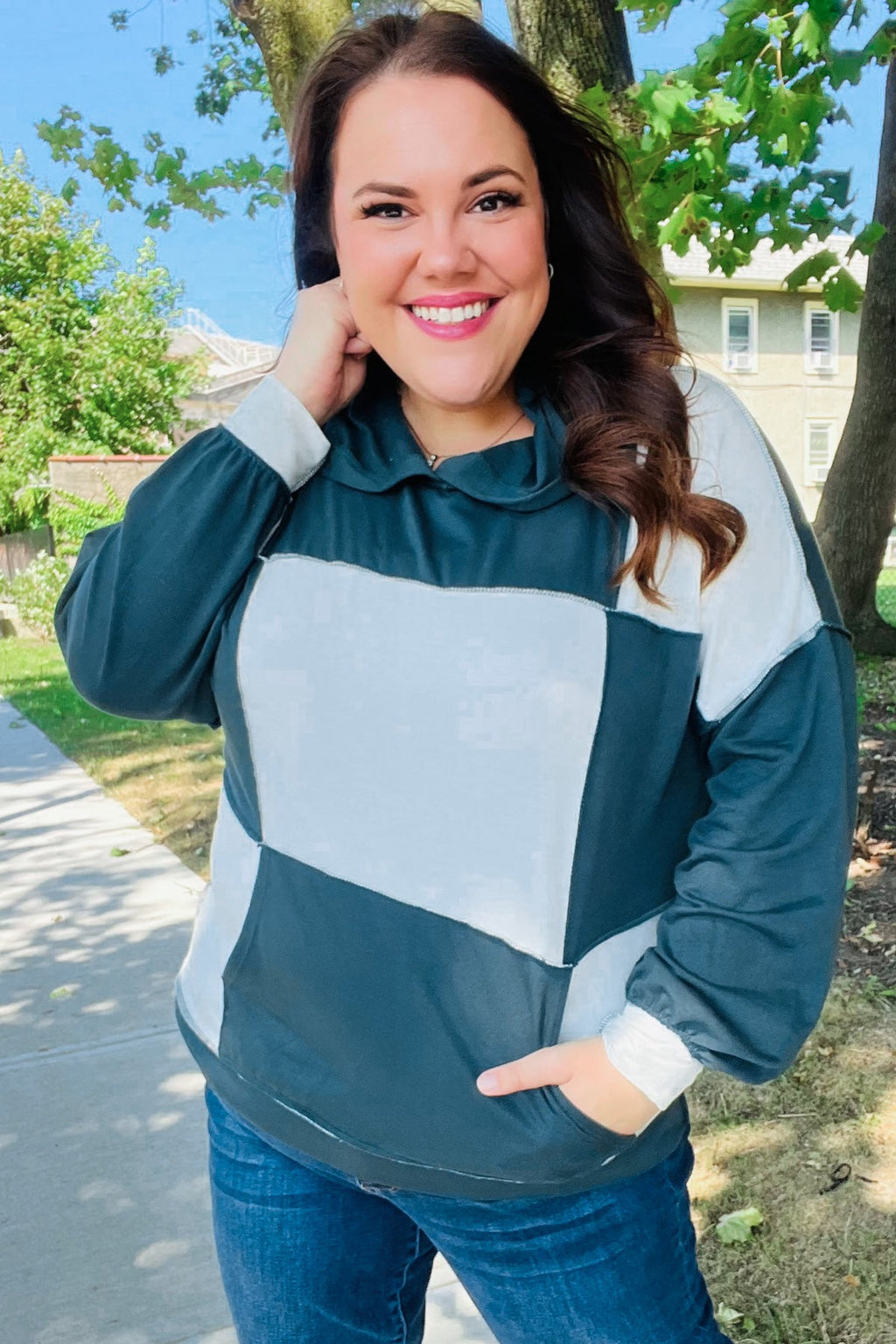 Adorable In Hunter Green Color Block Check Print Terry Hoodie