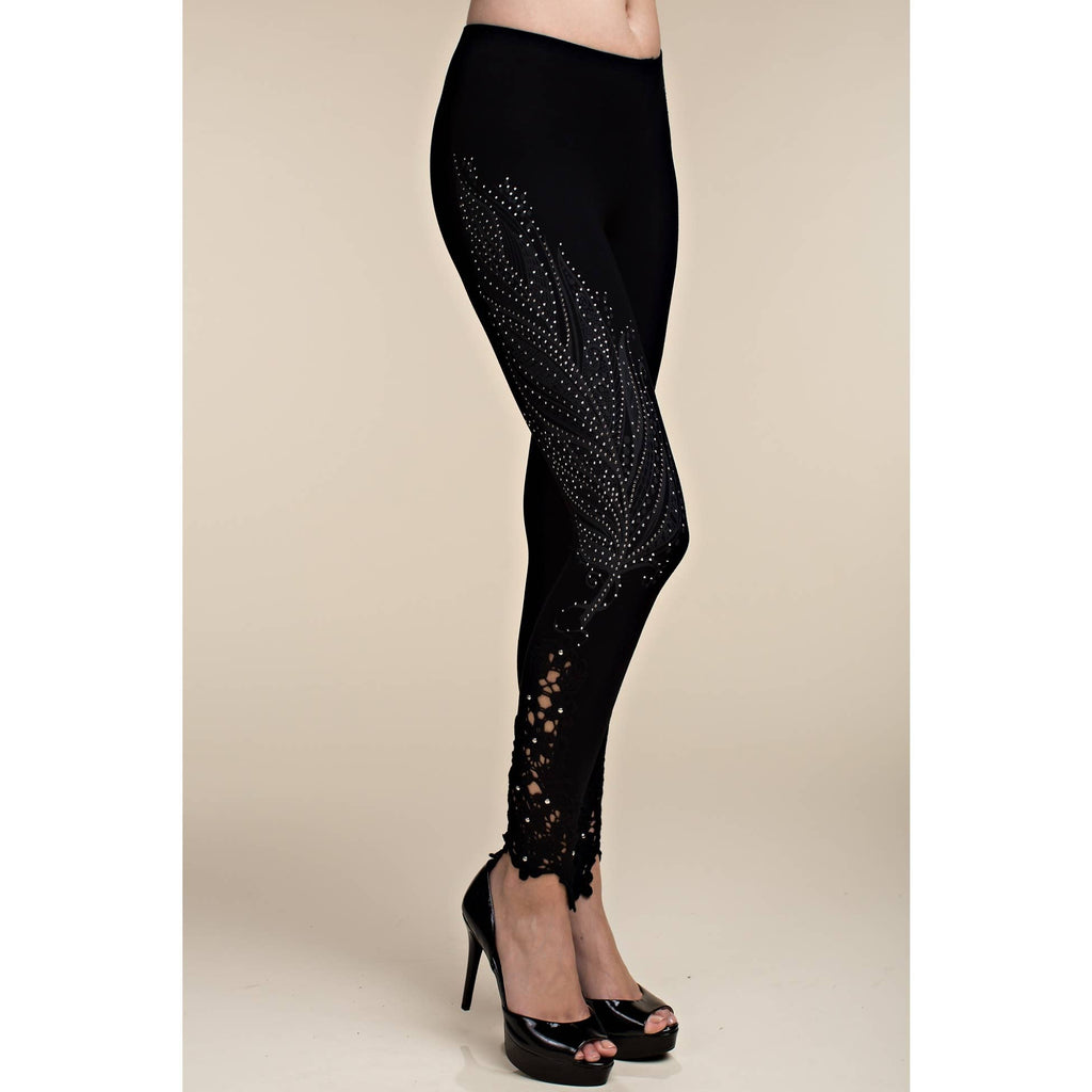 FEATHER PRINT LEGGINGS WITH STONE AND LACE