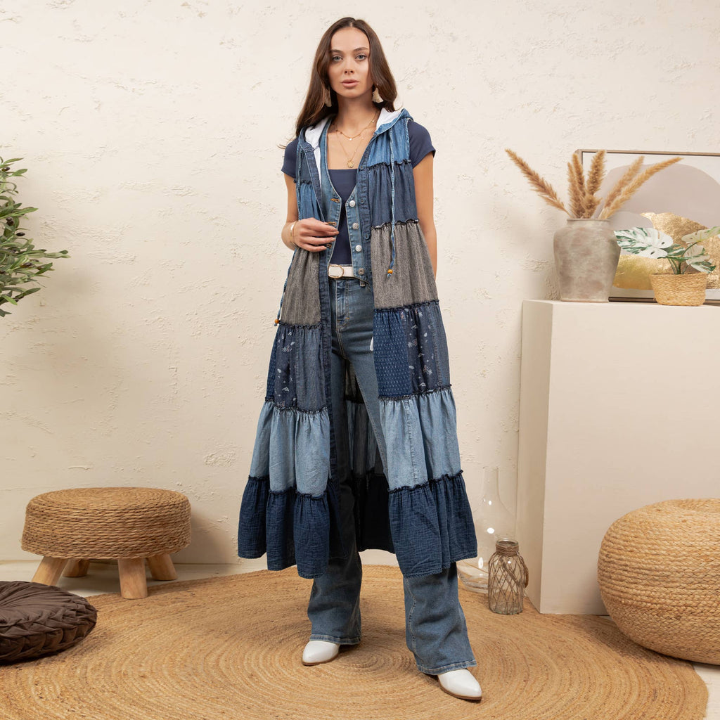 Boho Sleeveless Maxi Button-Front Duster With Hood NEW COLOR