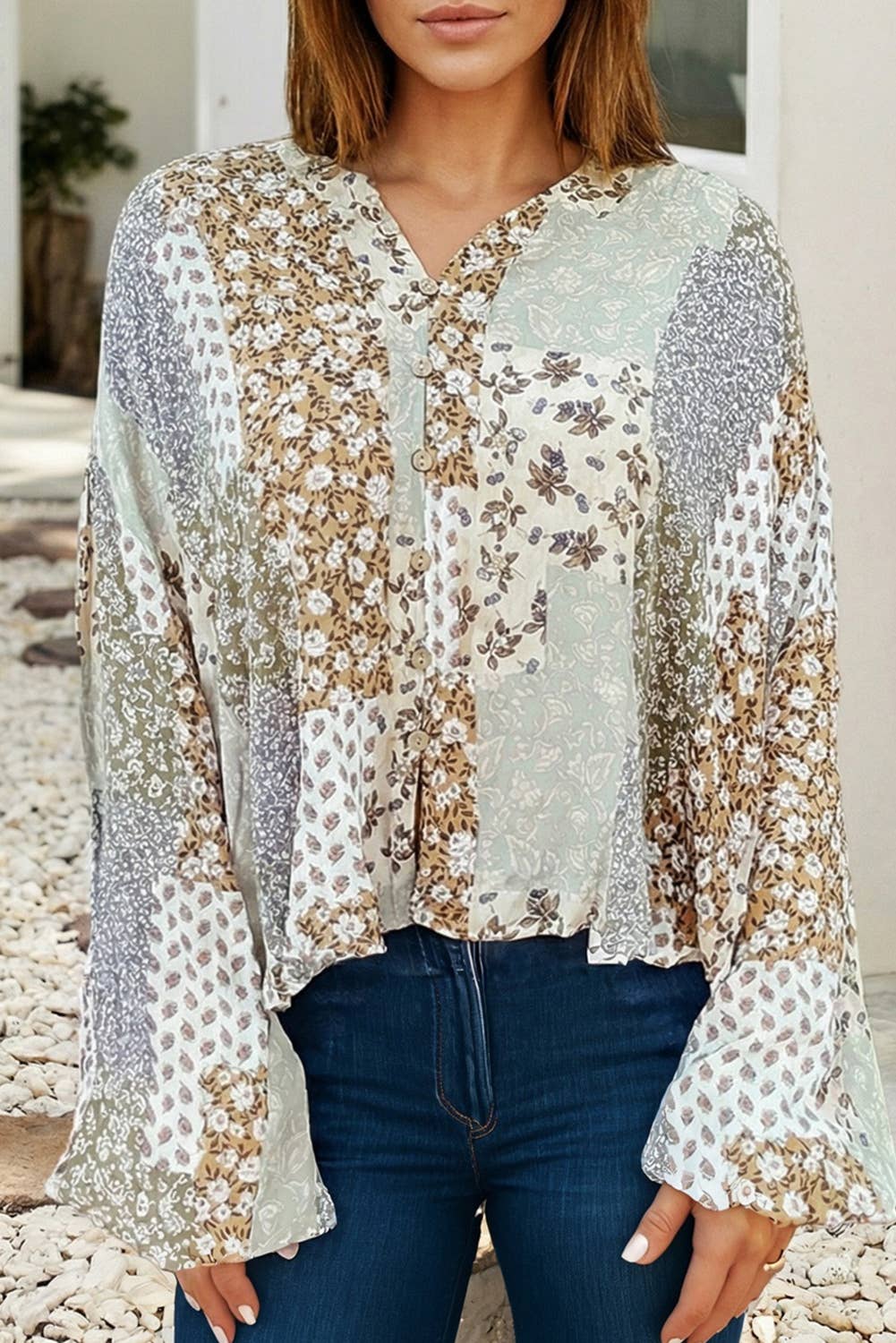 LDC Floral Patchwork Print Long Puff Sleeve Shirt