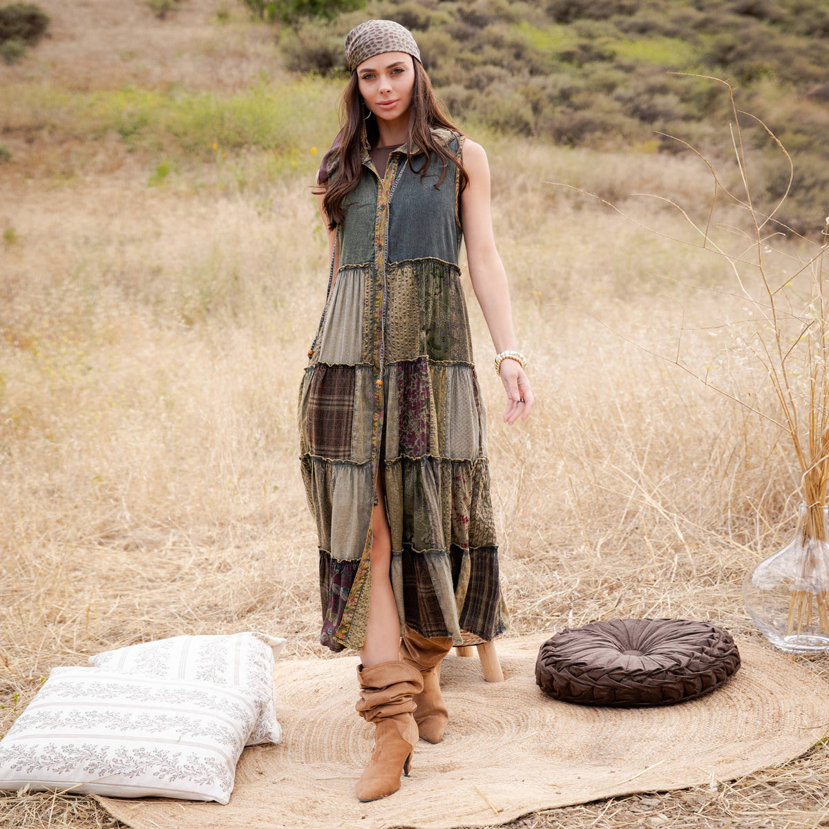 Boho Sleeveless Maxi Button-Front Duster With Hood NEW COLOR